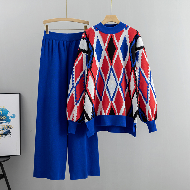 Women Knitted Two Piece Set 2023 Fashion Autumn Winter Loose Trousers Suit Casual Long Sleeve Top With Wide Leg Pants Outfits