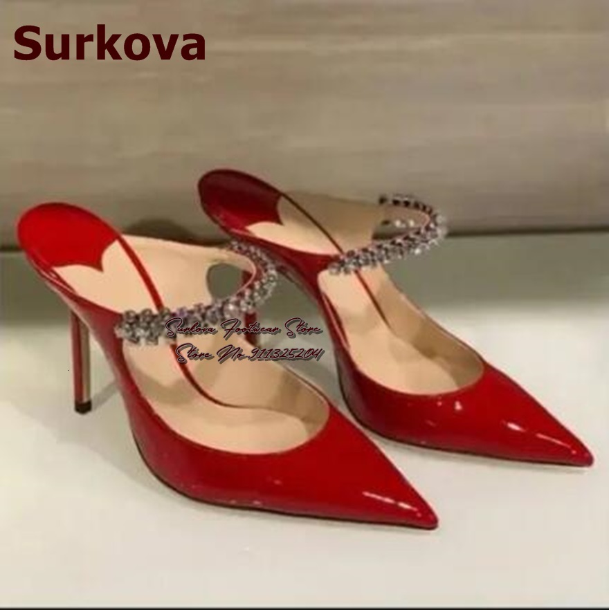 Surkova Red Black Patent Leather High Heel Modern Slippers Glittering Sier Crystal Strap Wedding Shoes Shallow Slip-on Pumps