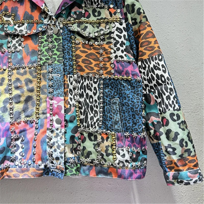 Winter Thick Big Fur Collar Fleece Liner Denim Jacket Women Outwear Loose Short Rivet Beading Leopard Print Jeans Jacket Female 241223
