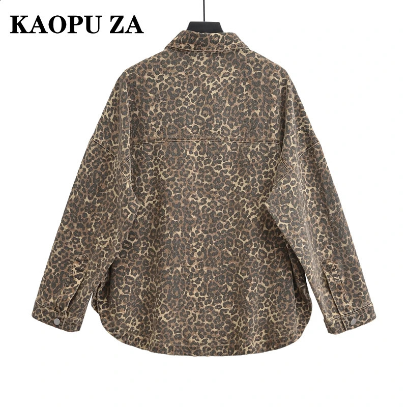 KAOPU ZA Womens Notched Collar Leopard Print Shirt Jacket Long Sleeve Casual Denim Vintage Fall Fashionable Jacket 241223