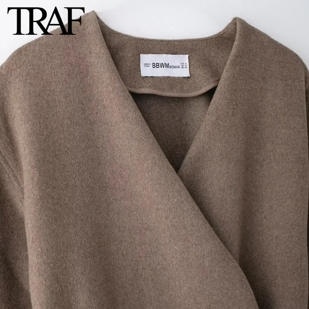 TRAF Jacket For Women Fashion 2024 Autumn Winter New Solid Color Belt Soft Long Sleeved V-Neck Short Coats Chic Ladies Tops