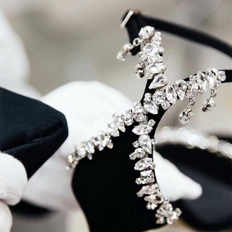 Design Sandals Women Crystal Chains Decor High Heels Dress Party Shoe Woman Black Ankle Strap Sandalias Femmes Prom Pumps