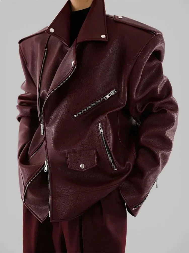 Women Burgundy Leather Double Zipper Motorcycle Jacket Fashion Loose Lapel Long Sleeve Pu Cropped Coats Autumn Female Streetwear 241220