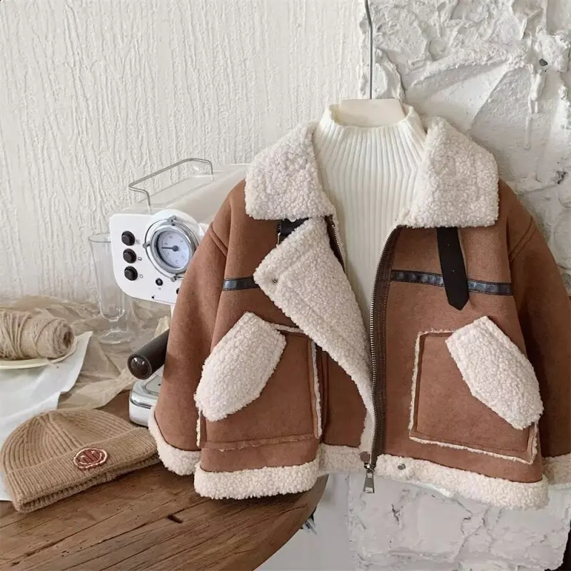 Autumn and Winter Childrens Outerwear Thickened Lamb Wool Outerwear Casual and Cute Warm Girl Cotton Jacket 241223