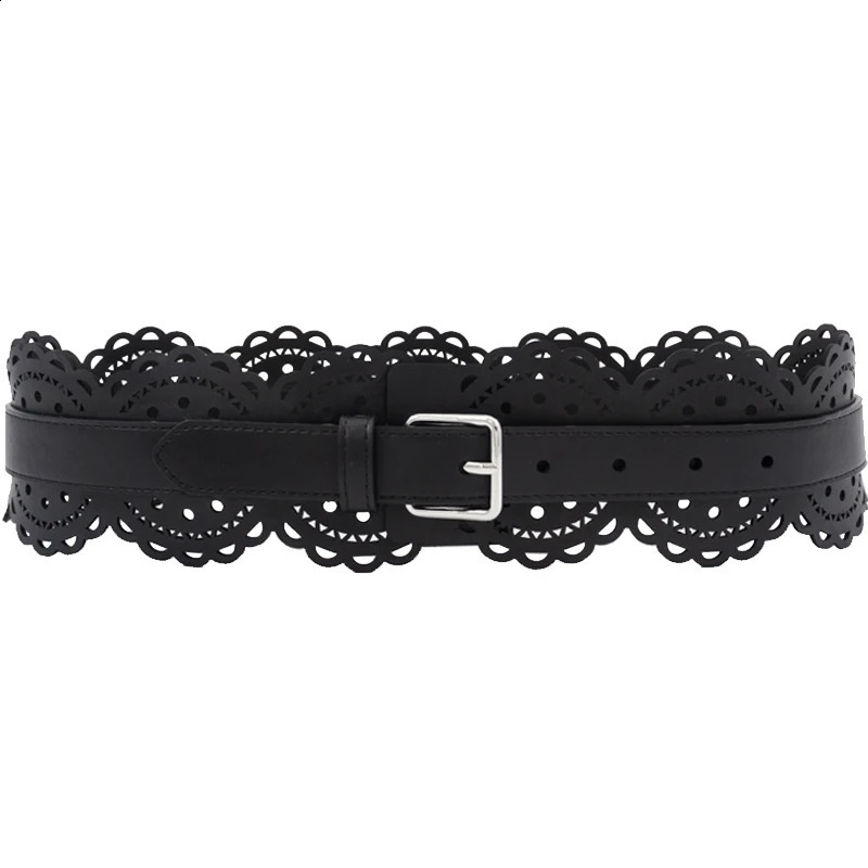 Cut out carved leather waist closure pin buckle leather wide belt dress waist geometric decoration silver buckle wide belt 241224