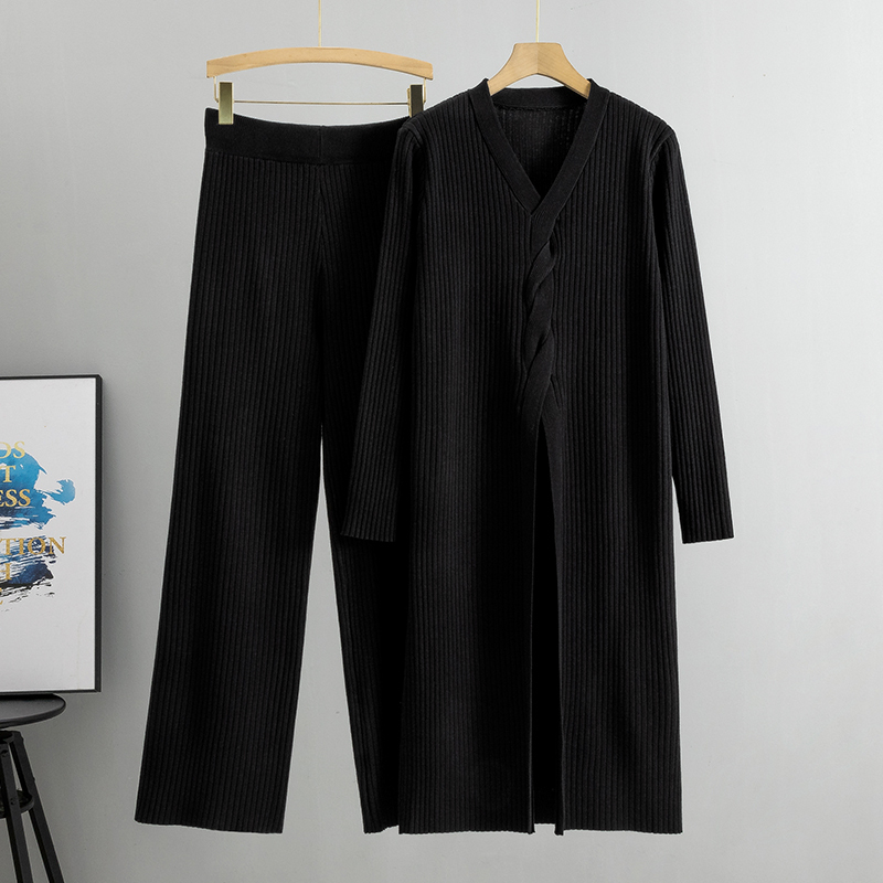 New Spring Autumn Knitted Pullover Sweater Wide Leg Pants Sets For Women 2 Pieces Home Suit Women's Clothing