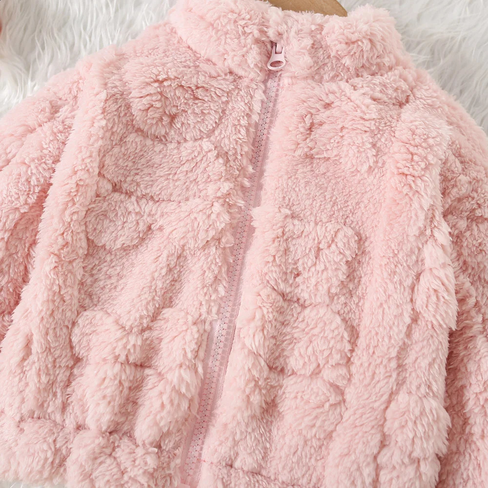 Baby Girl Princess Pink Fleece Jacket With Love Pattern Toddler Child Warm Coat Stand Collar Outwear Winter Baby Clothes 241223
