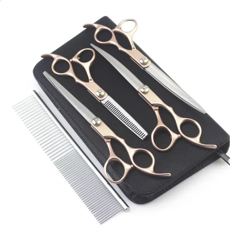 4PCS 7inch Gold Handle Scissors Professional Dog Grooming Hairdressing Shear Scissors Set Curved Scissors kit pet groomer tools 241224