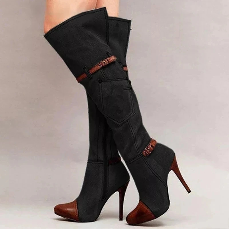 Botas Over The Knee Women Boots Autumn Winter Denim High Heels Ladies Shoes Sexy Buckle Strap Platform Long Boot Thigh High Boot 241224