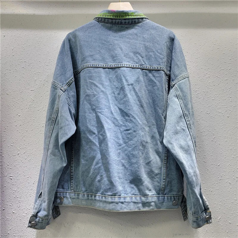 Sequin Flower Decoration Hand-painted Graffiti Printing Blue Denim Jacket Autumn Women Casual Lapel Long Sleeve Jeans Jackets 241223