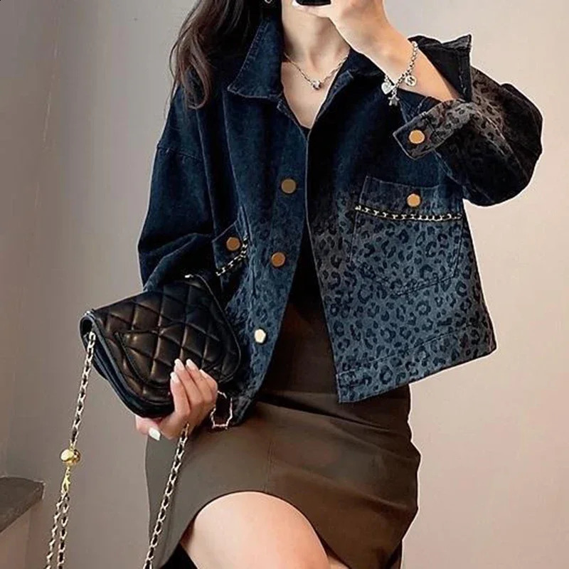 Blue retro Leopard print denim jacket female autumn and winter fashion short jacket casual Joker top denim jacket 241223