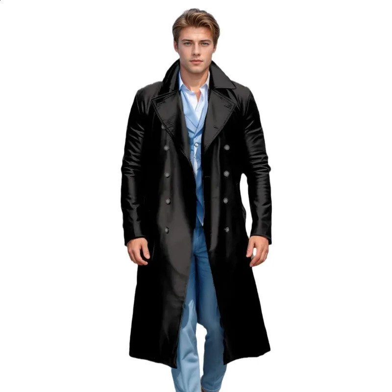European and American Largesize Long Leather Trench Coat Mens Doublebreasted German Military Men 241220