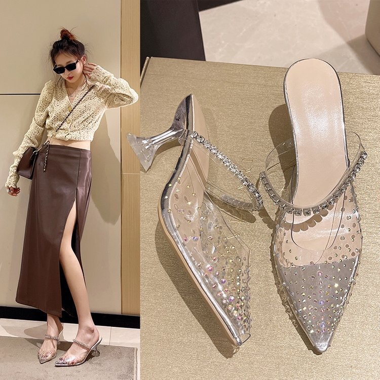 Outwear Ddmywed Summer Pointed Rhinestone Square Buckle High Shoes With Fairy Style Transparent One Line Strap Slim Heel Slippers Chinese Brand F Ddmy