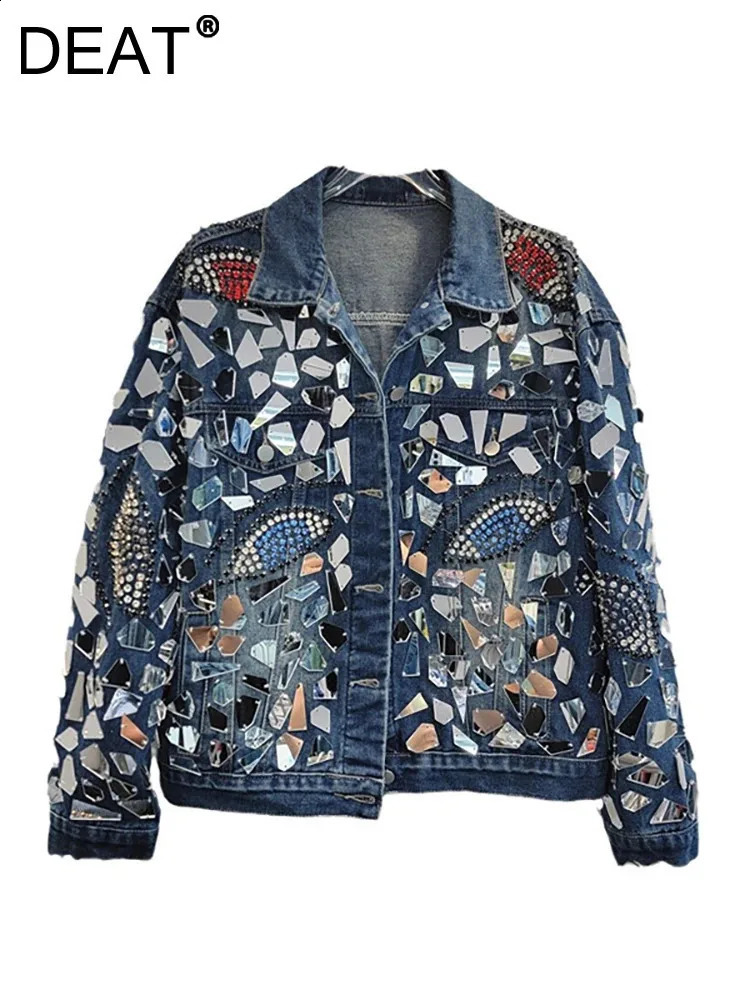 DEAT Womens Denim Shiny Irregular Sequins Colorful Diamonds Blue Long Sleeve Female Coat Jacket 2025 Spring Fashion 33A1799 241223