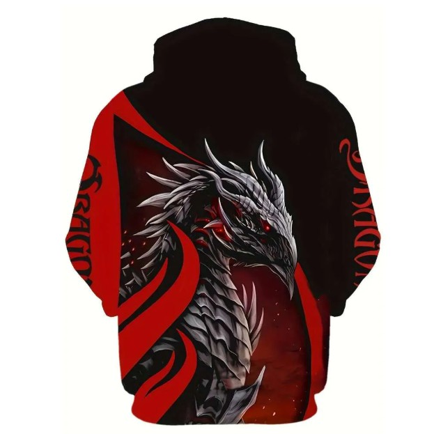Men's 3D dragon print hooded casual long sleeved sweatshirt with drawstring pocket, polyester knitted fabric, slightly elastic pullover