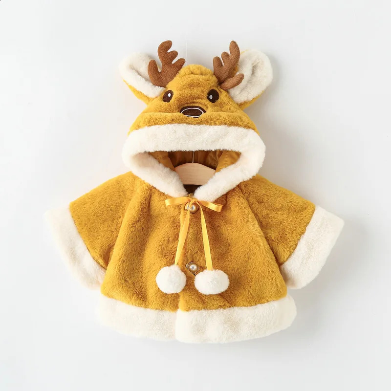 Cute Elk Plush Baby Jacket Autumn Winter Baby Girls Coat Warm Hooded Outwear Christmas Princess Cloak Toddler Girl Clothes 241223