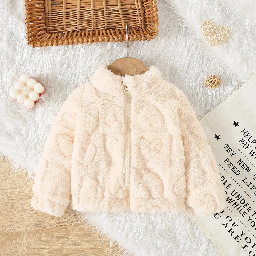 Baby Girl Princess Pink Fleece Jacket With Love Pattern Toddler Child Warm Coat Stand Collar Outwear Winter Baby Clothes 241223