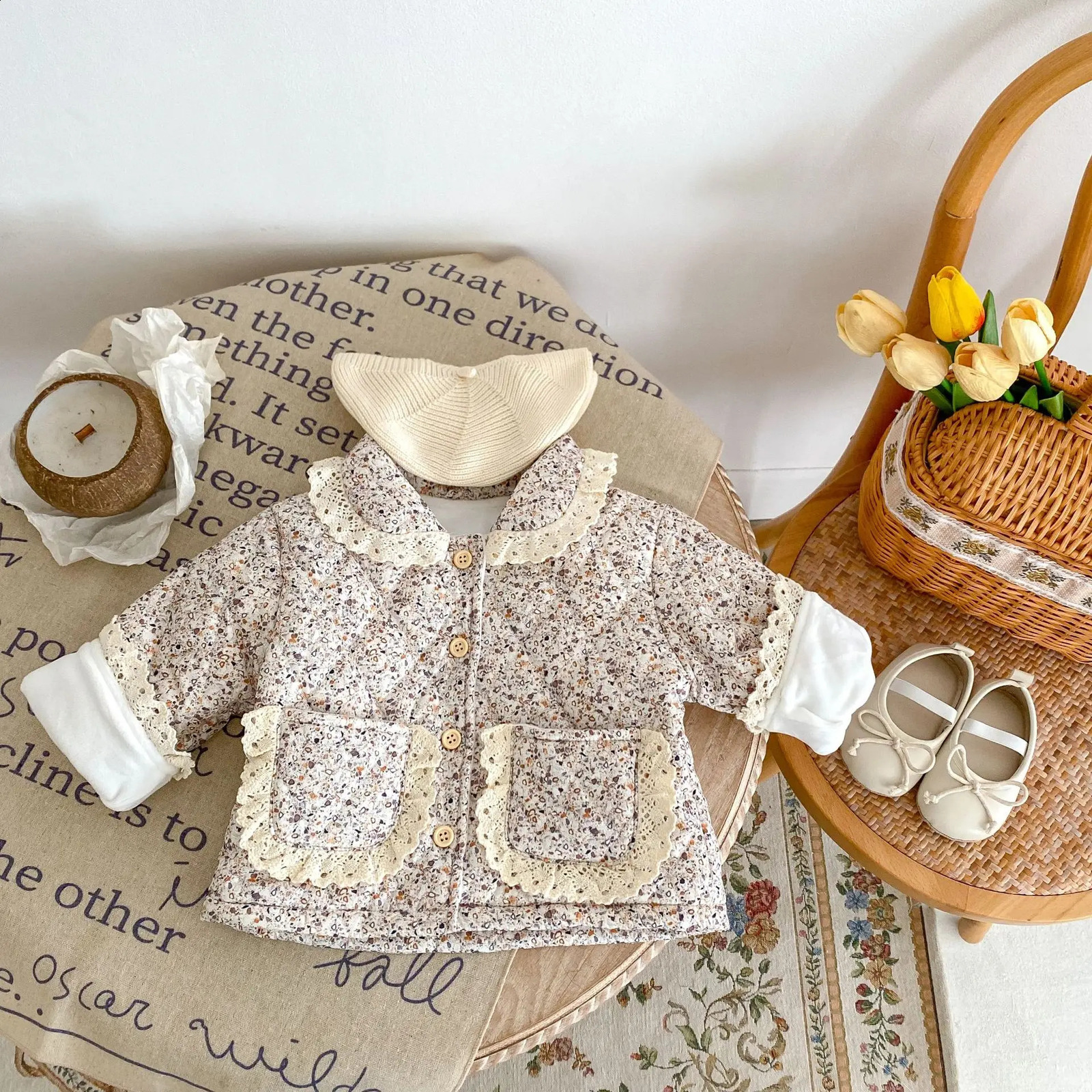 2025 Winter Baby Girl Floral Coat Long Sleeve Infant Girl Cotton Padded Jacket Lace Collar Toddler Warm Coat Kids Clothes 241223