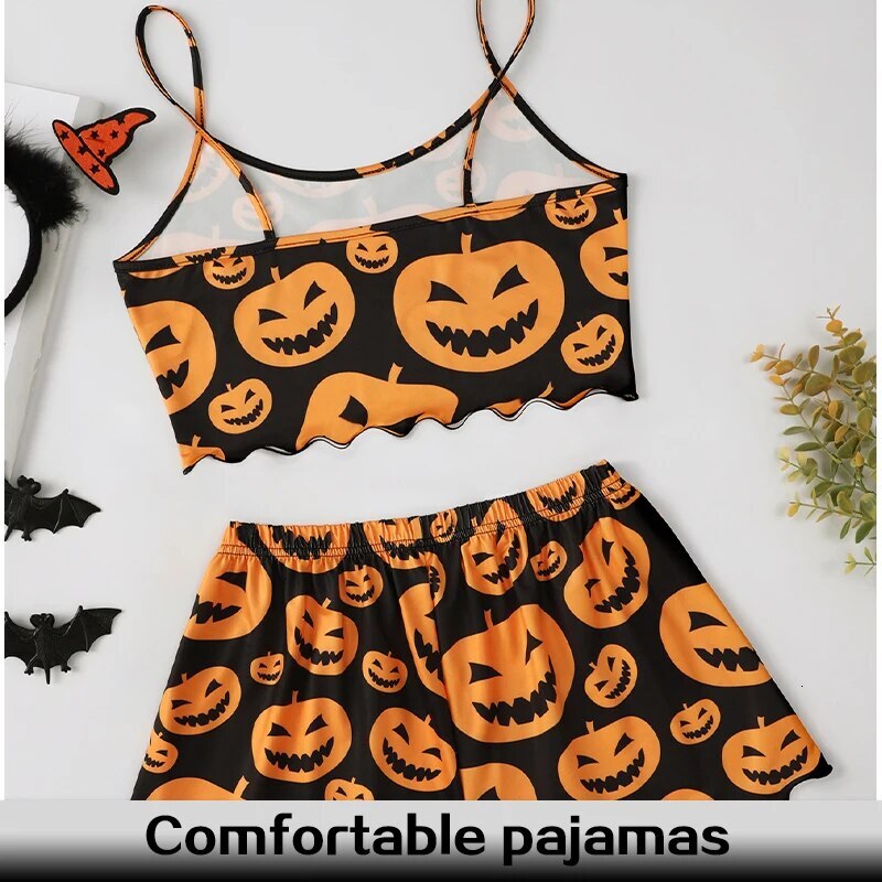 Halloween Pama Set Spooky Head Print Round Neck Camisole Top And Pumpkin Lettuce Side Shorts Homewear Pa
