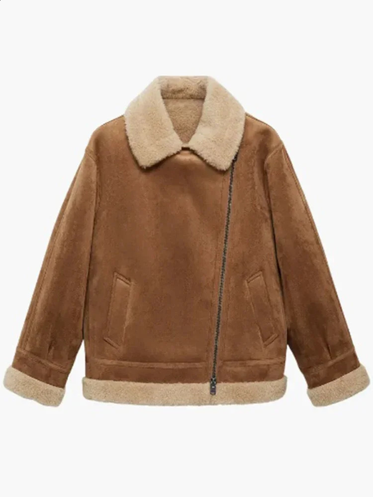 Fashion Long Sleeve Basic Coat Women Casual Lapel Zipper Lamb Wool Warm Jacket Autumn Winter Lady Commuting Outerwear 241217