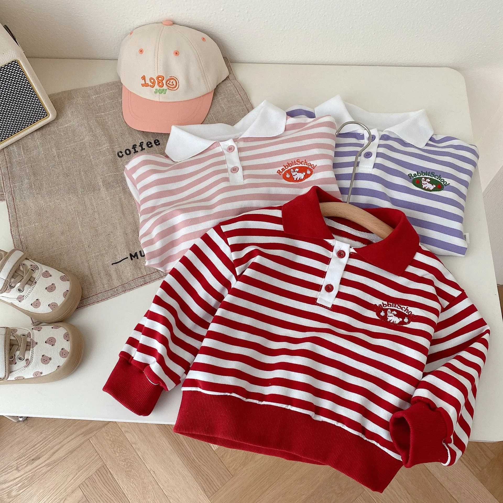2023 Autumn New Slish Embroidered Striped Polo ladies for Baby Boys and Girls Full Set Collar Top 6M-5Y W241223