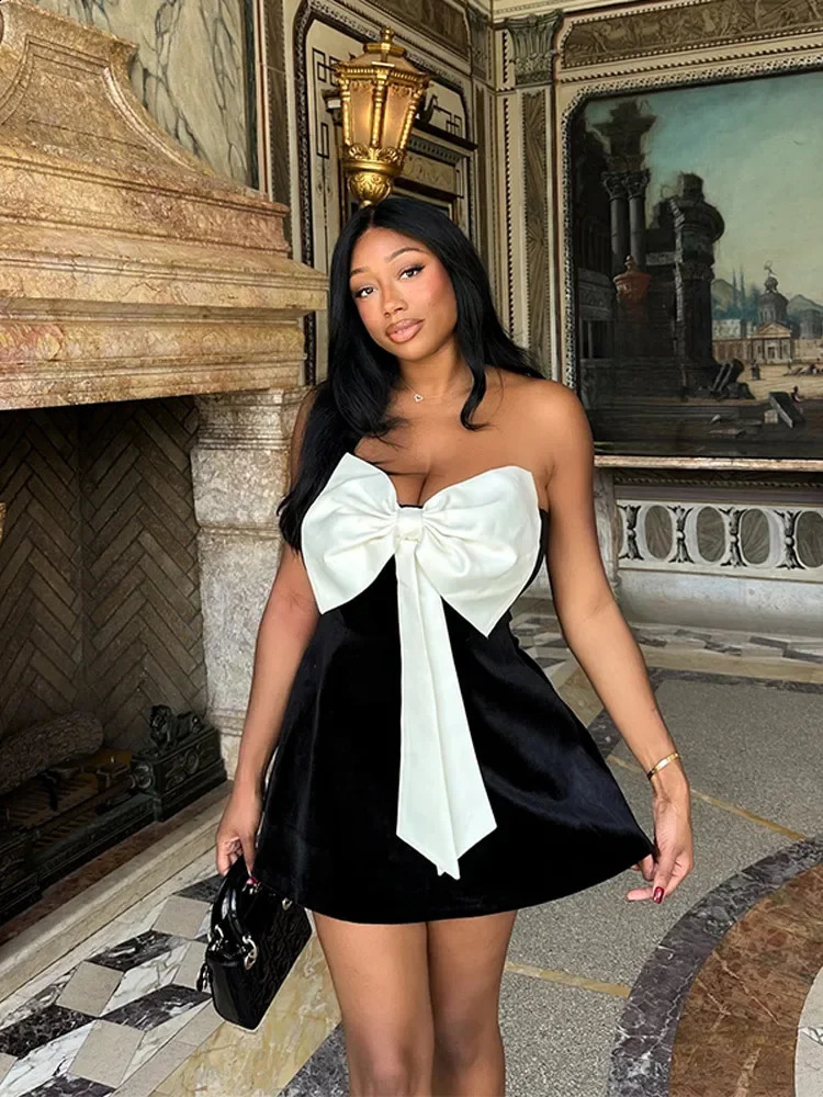 Black and white bow A-line mini strapless short skirt for women fashionable backless high waisted chic dress street evening dress 241223