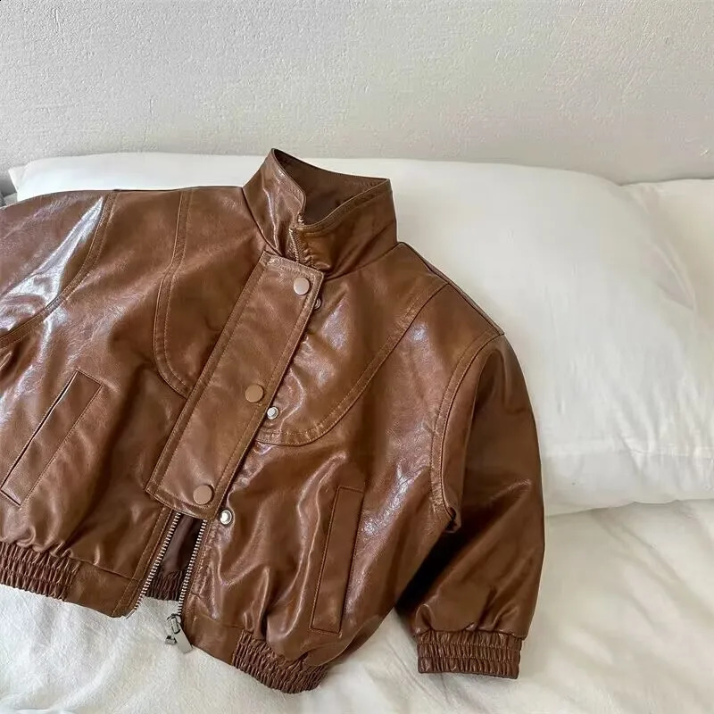 Boys Jacket outerwear Spring and Autumn Korean Childrens Vintage Zipper Leather Clothes Fashionable Baby Jackets Top 241223