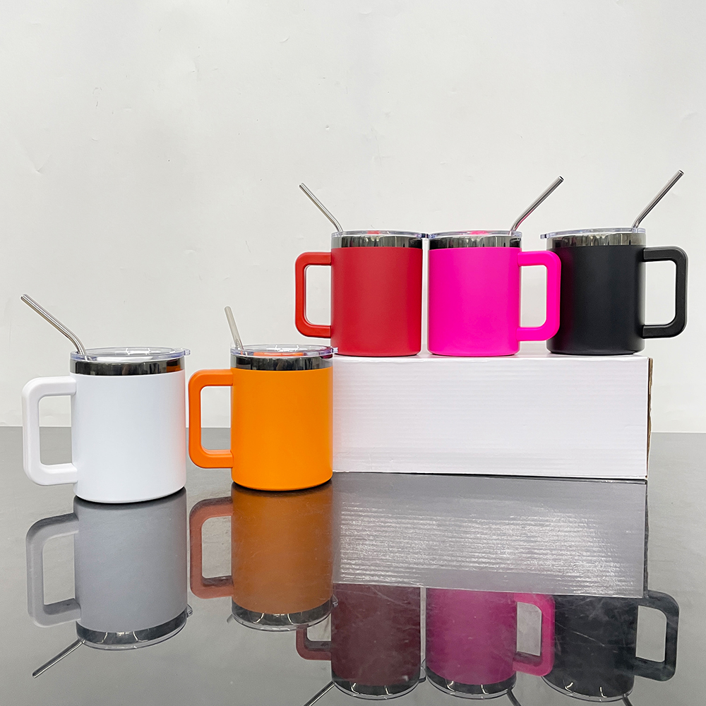 Magnetic sliding lid powder coated mirror black plated underneath travel Coffee stainless steel Mug vacuum insulated tumbler with removable plastic ha