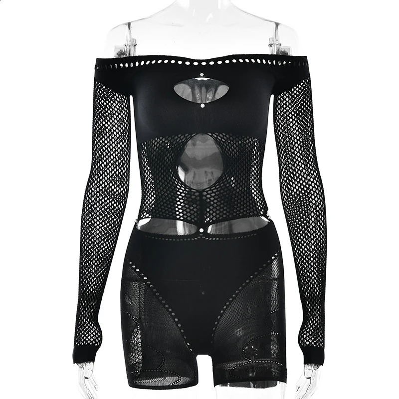 Sifreyr Off-shoulder Hollow Sexy Playsuits Women See Through Long Sleeve High Stretch Party Clubwear Female Slim Skinny Romper 241224