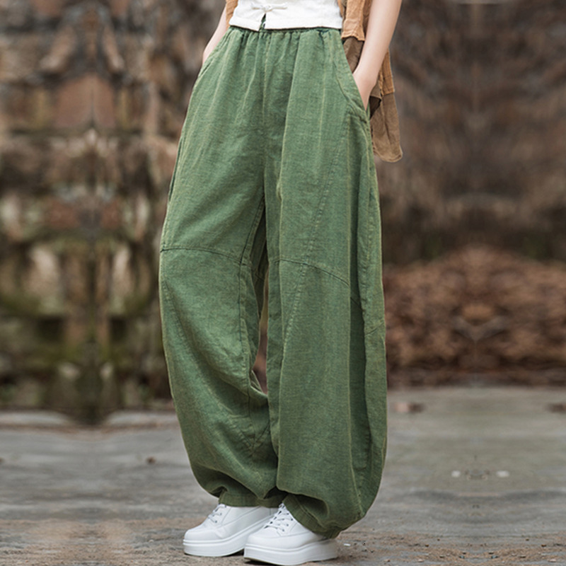 Elegant Women's Cotton En Baggy Cargo Pants Vintage Elastic Waist Yoga Trousers Loose Casual Long Wide Leg Oversize Clothes