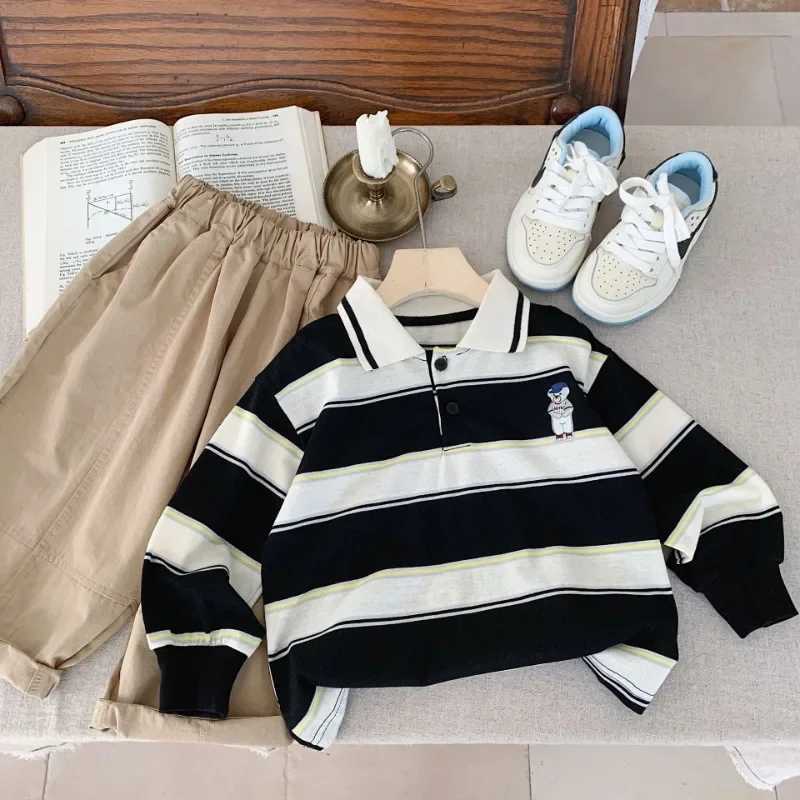 Spring and autumn childrens polo shirt Korean long sleeved boys striped collar T-shirt girls long sleeved top W241223