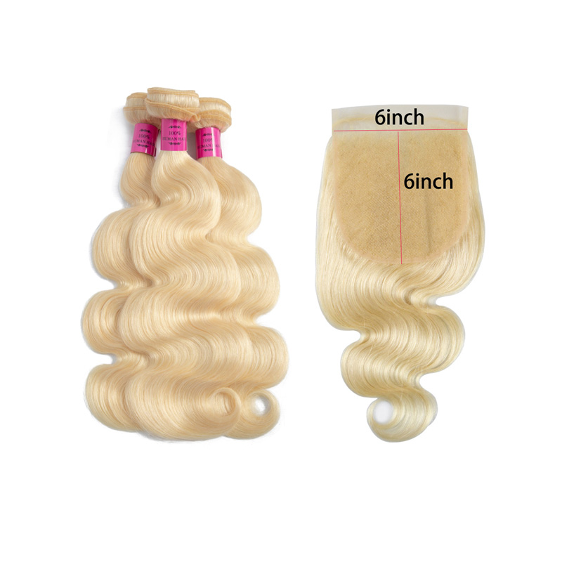 Brazilian Peruvian Virgin Human Hair Blonde Color 3 Bundles With 6X6 Lace Closure 4 Pieces/lot Body Wave 613#
