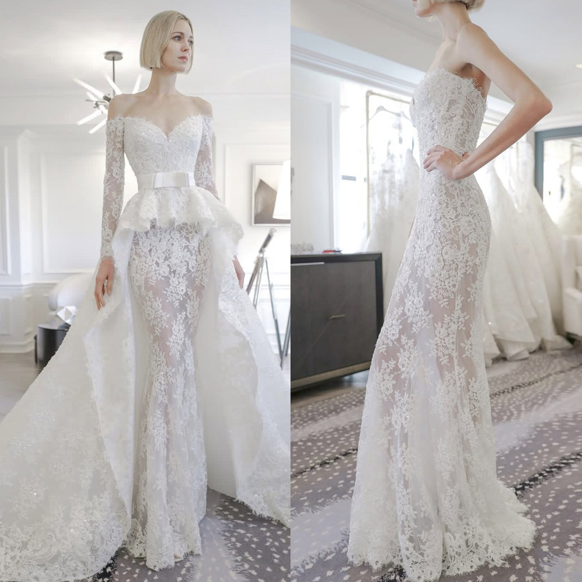 2 In I Lace Mermaid Wedding Dresses With Detachable Skirt Off Shoulder Long Sleeves Boho Beach Bridal Gowns Back Lace-up Modern Strapless 2025 Country