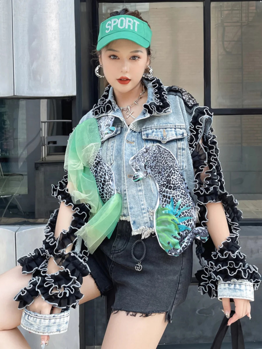 Autumn Heavy Industry Thread Sleeve Mesh Stitching Leopard Print Patterned Denim Women Jean Jacket High Street 241223