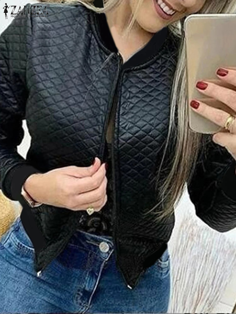 ZANZEA Women Pattern Jacket Autumn Long Sleeve Short Coats Vintage Zipper Round Neck Outwears Casual Loose Baseball 241218