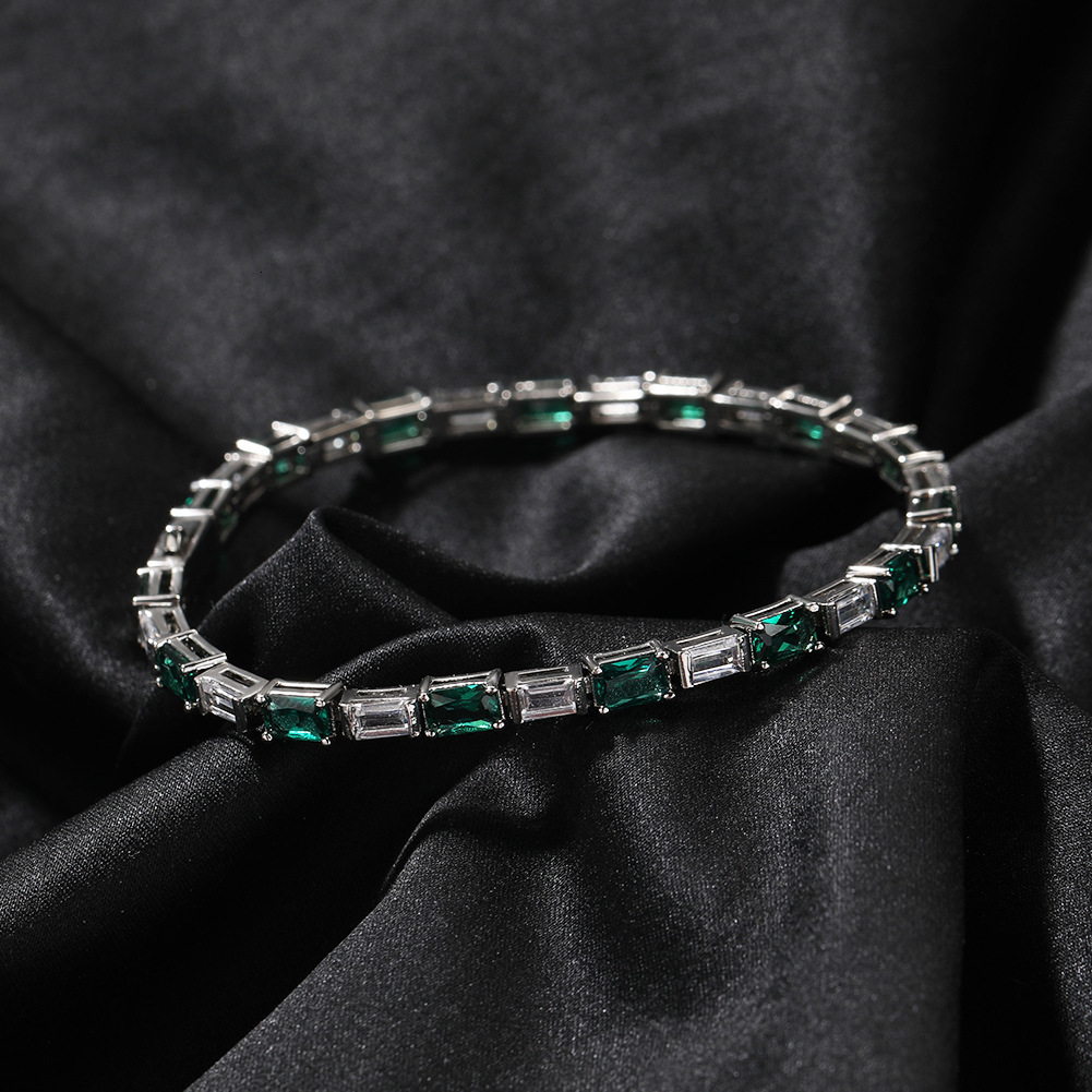 Hip Hop Iced Out Prong 5A Cubic Zircon Tennis Chain Bracelet Square Emerald Color Gemstone Bling Chains Trendy Bracelets Jewelry Accessories Bijoux Pu