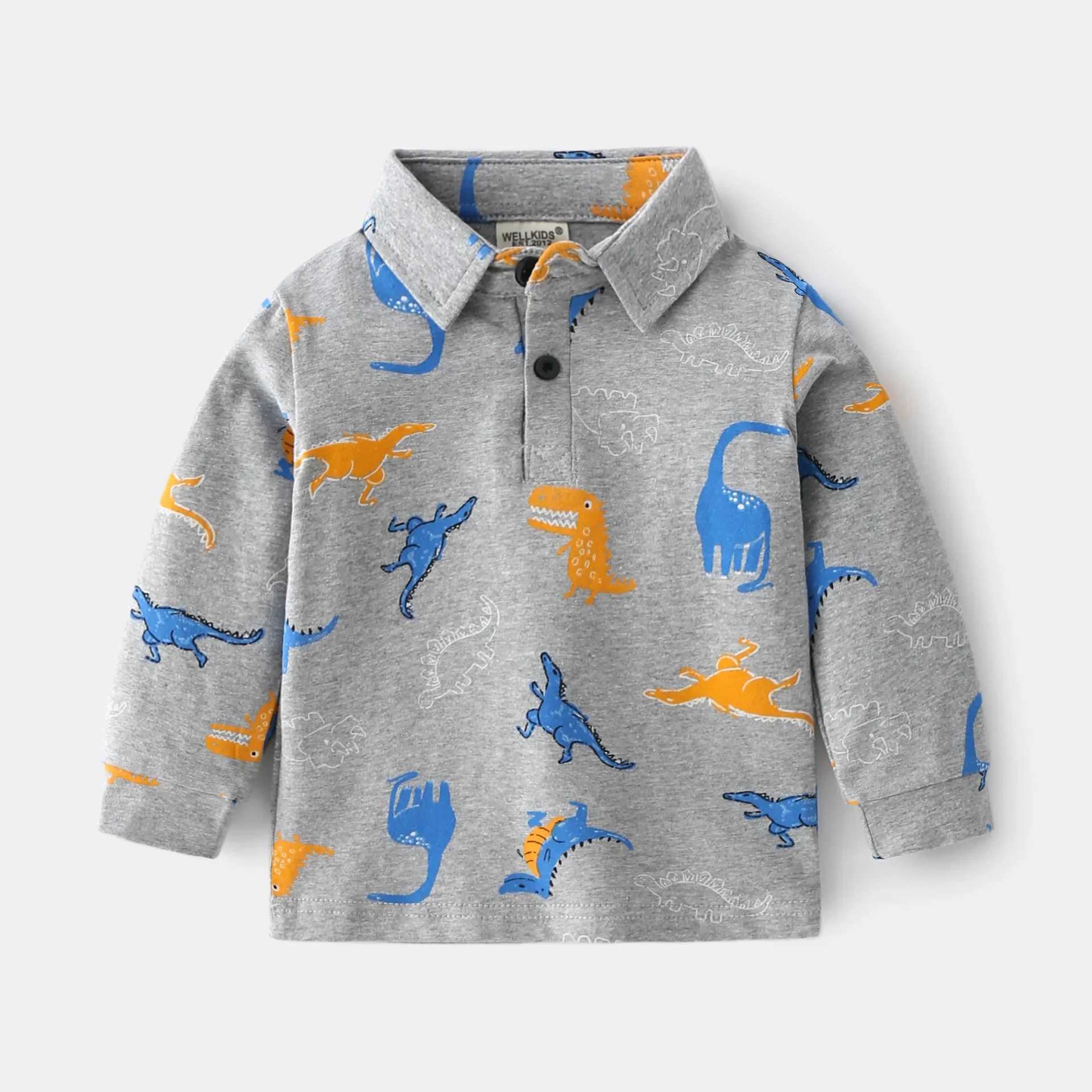 Boys polo shirt with dinosaur print for autumn and spring childrens casual wear for 3 4 5 6 7 8 and 9 years old cotton long sleeved top for children W