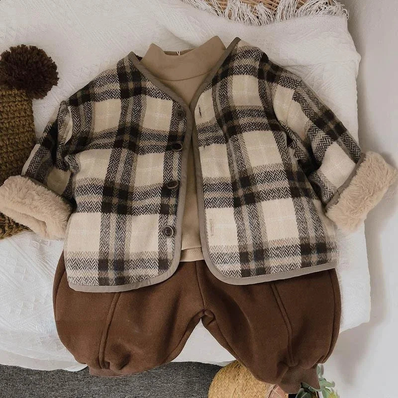 Woolen Plaid Childrens Plush Coat Korean Version Autumn and Winter Boys and Girls Coats Loose Baby Cotton Padded Clothes 241223
