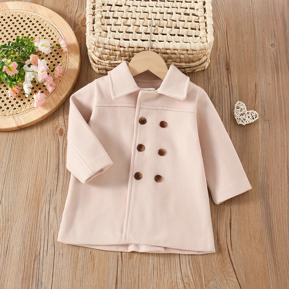autumn and winter childrens woolen coat girls solid color lapel double row button casual coat 241223