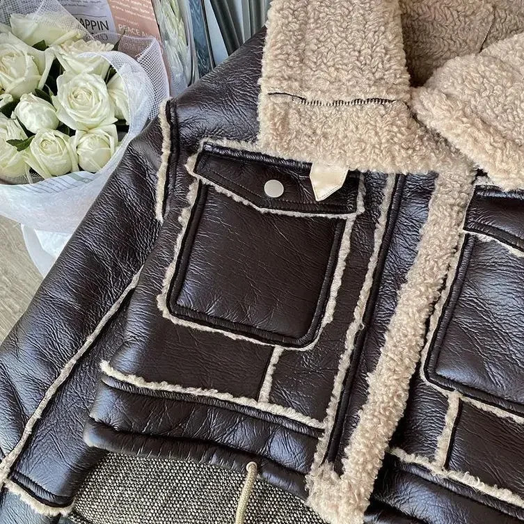 Boys and Girls Winter PU Leather Lamb Wool Jacket Korean Motorcycle Thick Standing Collar Short Fur Coat 241223