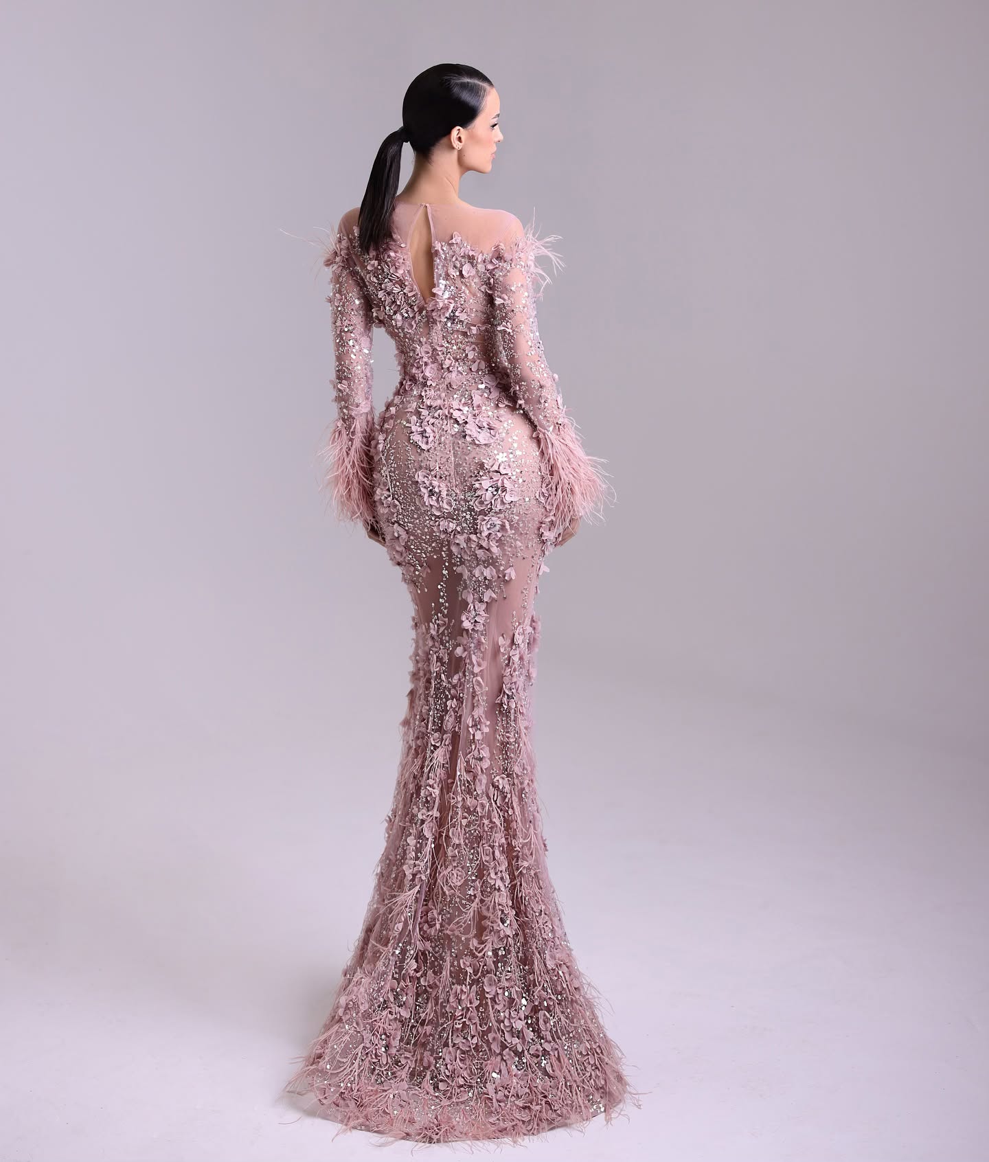 Gorgeous dust pink appliqued mermaid Evening Dresses feathers long sleeves gala women or length dresses for special ocns