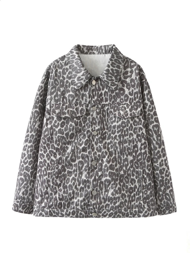 American Style Retro Leopard Print Coats Women Streetwear Fashion Long Sleeve Pockets Jackets Autumn Winter Denim Coat 241223