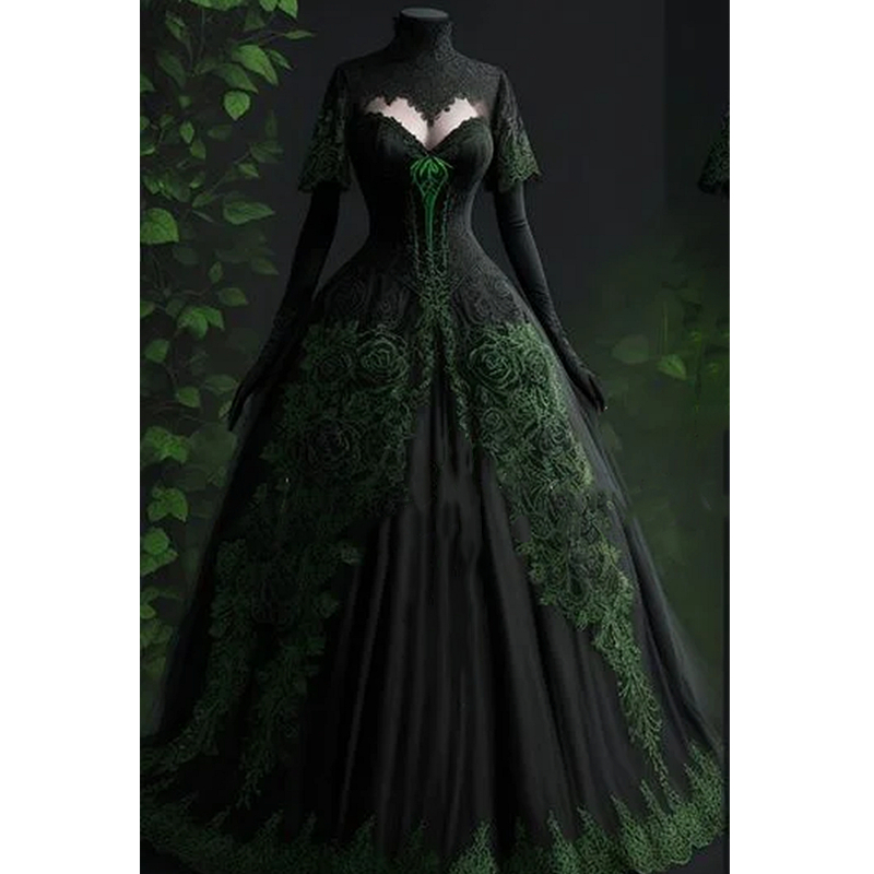 Vintage Gothic Prom Dresses Black And Green Corset Special Occasion Gowns Lace Appliques Short Sleeves High Neck Lace-Up Princess Evening Dress Vestid