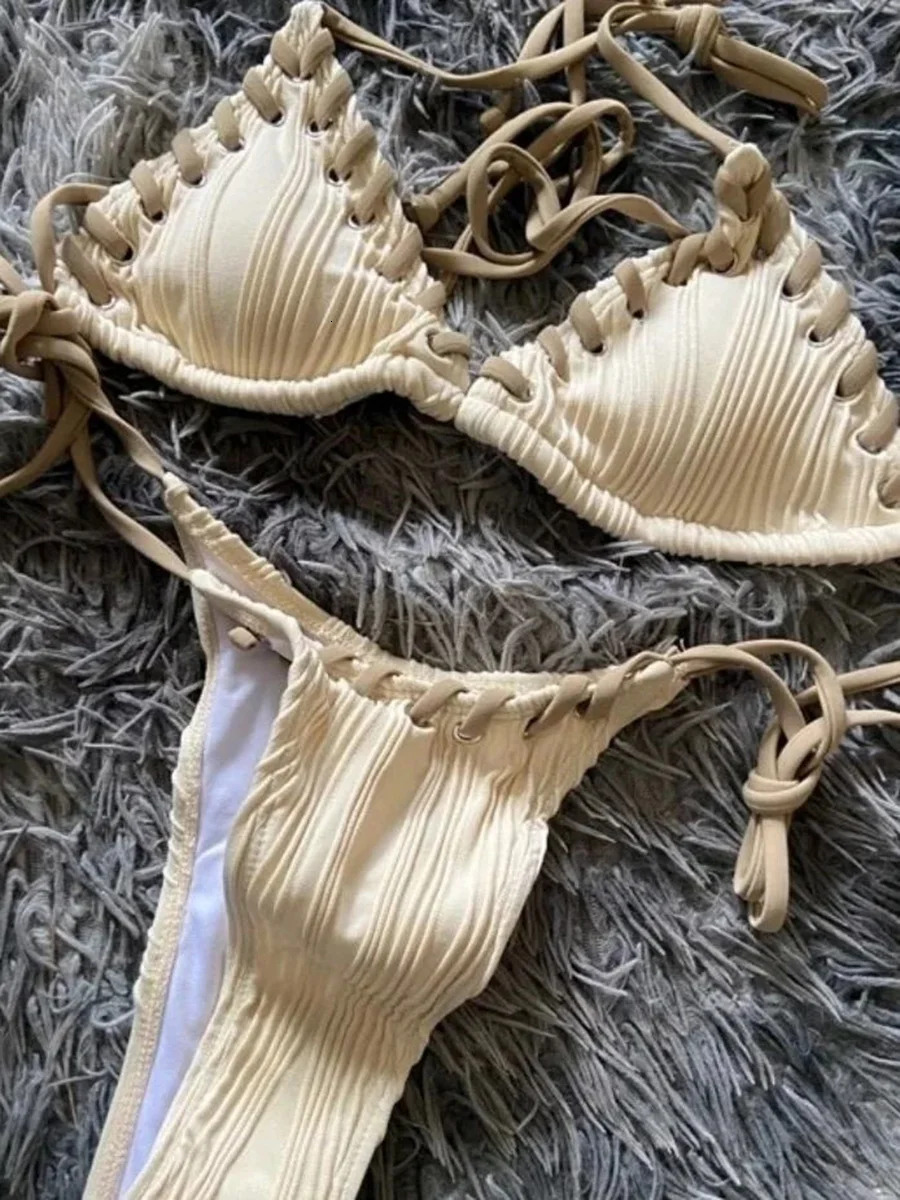 2025 Halter Wrinkled Weave Women Swimwear Female Swimsuit Two Pieces Bikini Set Brazilian Bathing Suit Swim Beach Wear