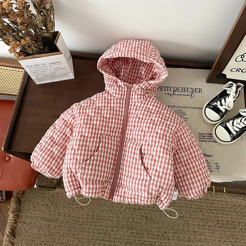 Autumn Winter Baby Girls Parkas Plus Velvet Thickened Hooded Plaid Warm Kids Girls Coat Children Girls Outerwears Jacket 241223