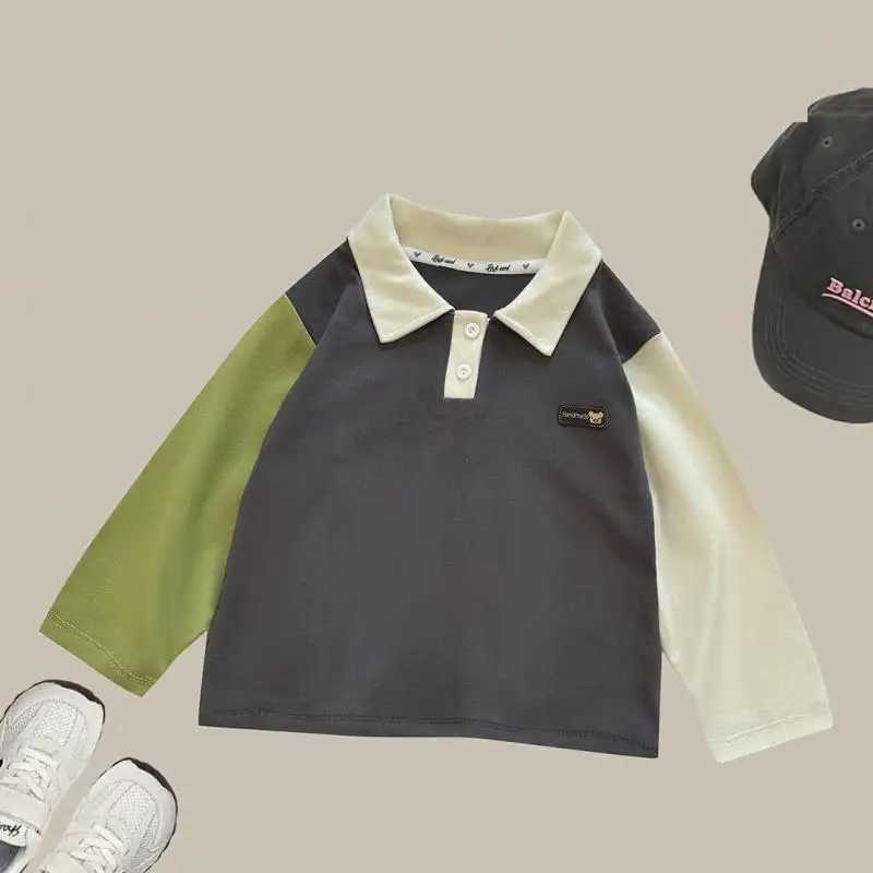 2-13y Childrens Polo Shirt Childrens Long Sleeve T-shirt Spring and Autumn Baby Boys and Girls Clothing Collar Patch Work School Top y12 W241223