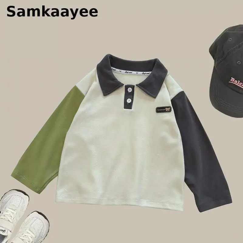 2-13y Childrens Polo Shirt Childrens Long Sleeve T-shirt Spring and Autumn Baby Boys and Girls Clothing Collar Patch Work School Top y12 W241223