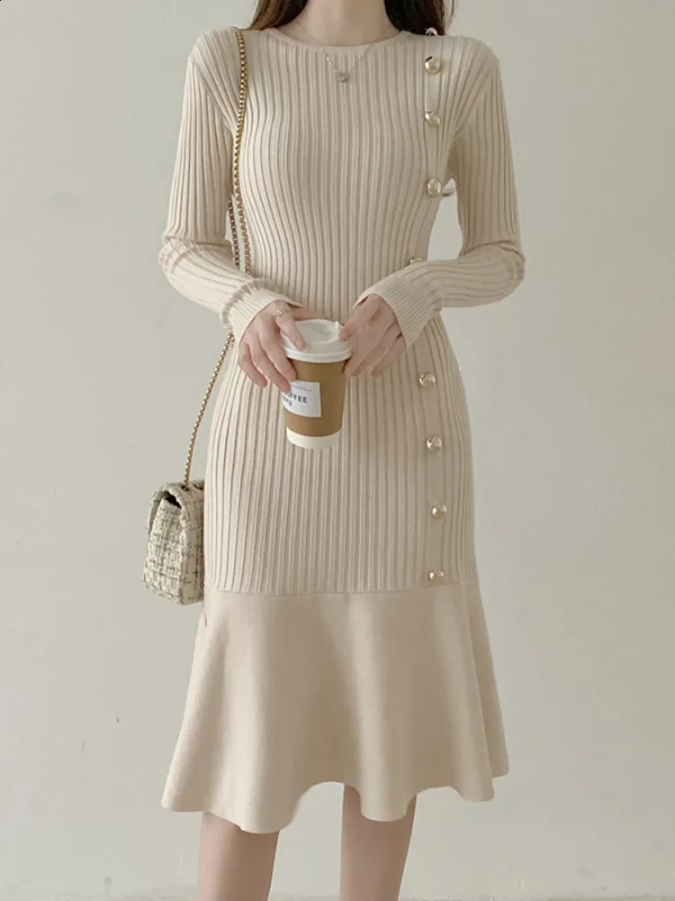 Autumn Warm Korean Fashion Woman Elegant Clothing Knitted Vintage Dresses Sweater Dress Femme Winter Vestido Feminino Thicken 241218