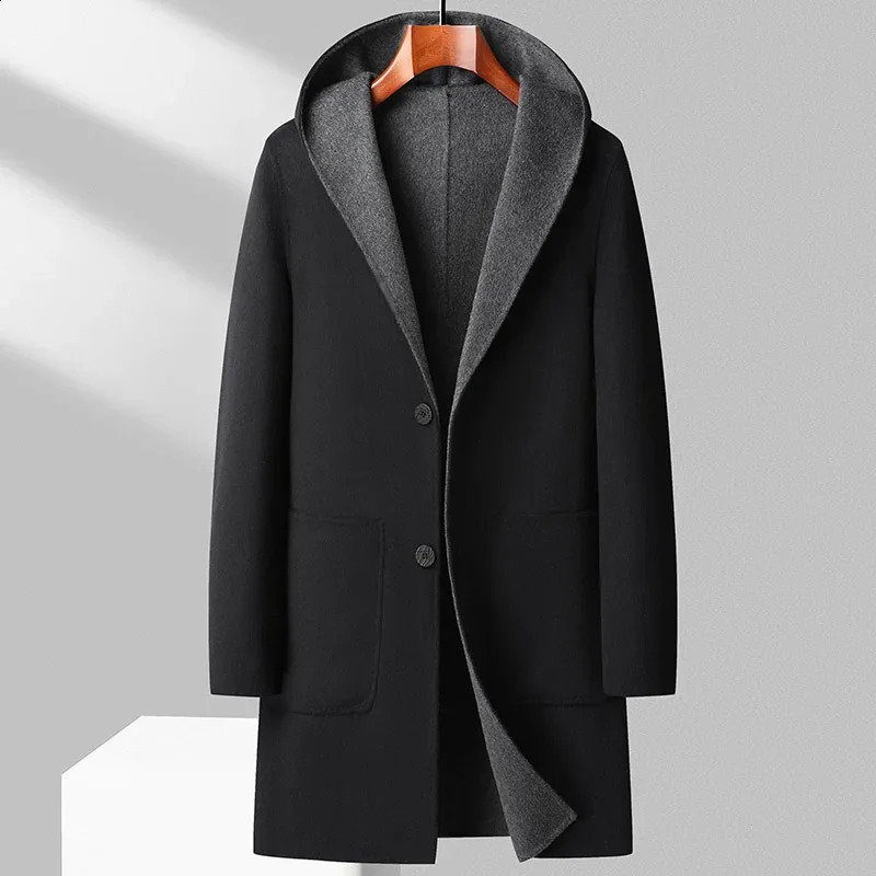 2023 AutumnWinter Mens Large Pocket MediumLength Woolen Jacket Hooded DoubleSided Handmade Overcoat 241220