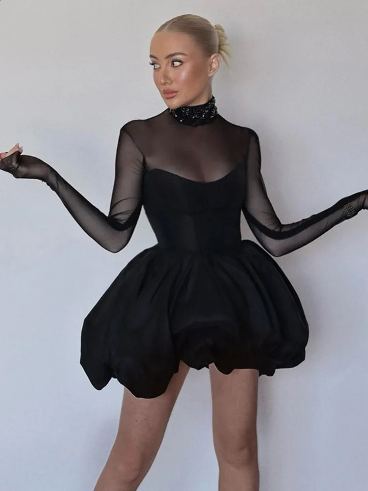 Mozision Turtleneck Sheer Long Sleeve Sexy Mini Dress For Women Black See Through High Waist Aline Club Party Elegant 241218